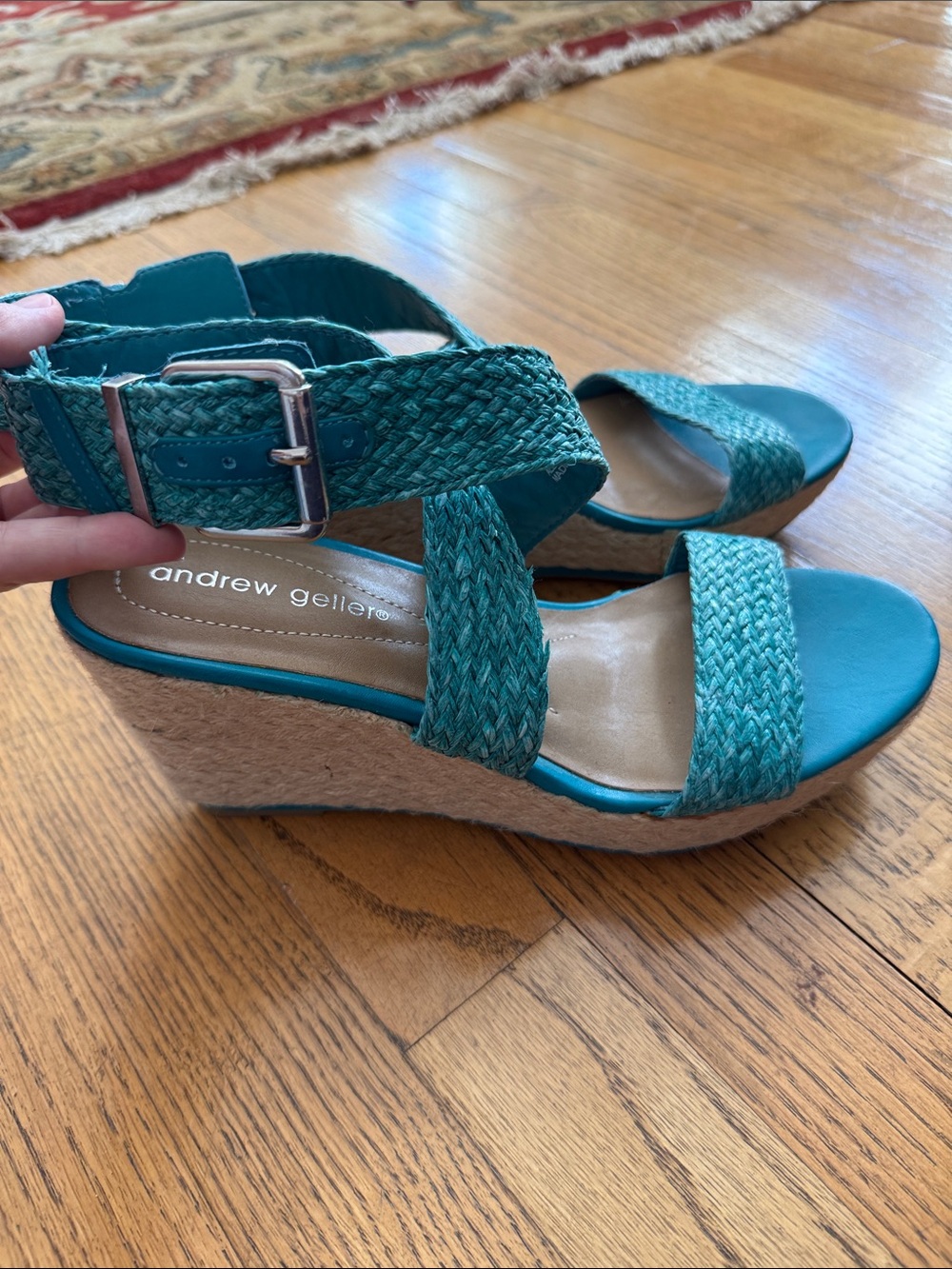 Andrew Geller Diyna Turquoise Woven Espadrille Wedge Sandals Size 8 EUC